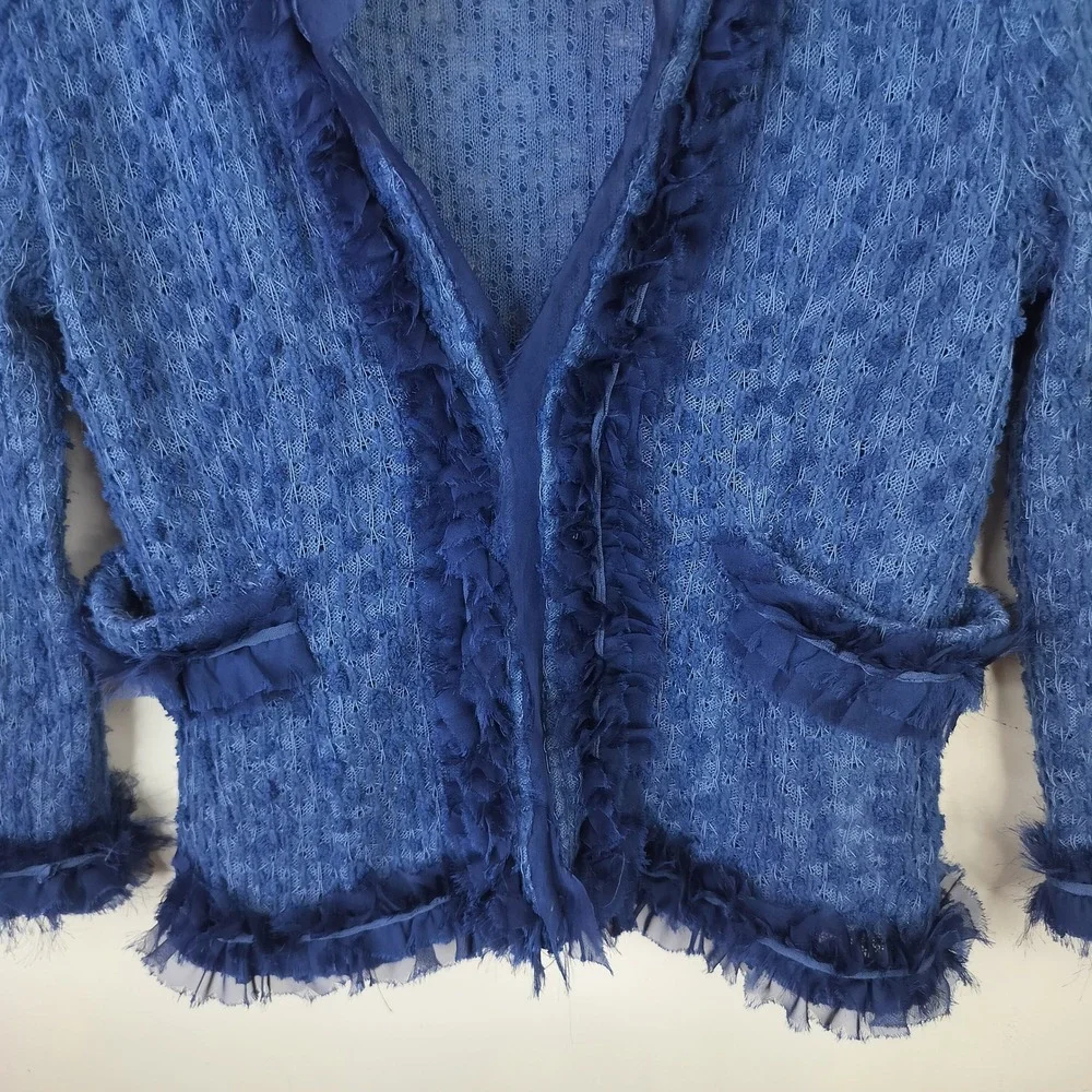 a'reve Cardigan Womens Small Ruffle Chiffon Trim Textured Boho Chic Goth Artsy